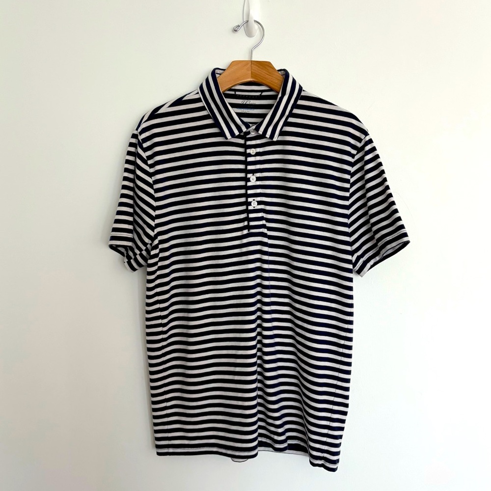 J Crew Mens Performance Jersey Polo in Stripe Navy Bluer and White Size Medium